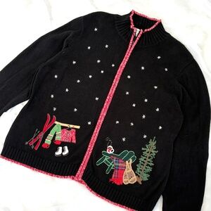 Coldwater Creek 3X Festive Holiday Cardigan Sweater Embroidered Christmas Scene